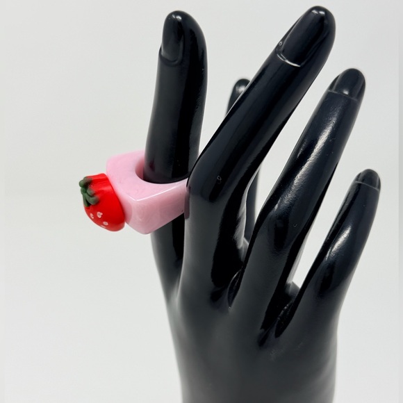 Pink Strawberry Ring Fruit Print 3D Rings Y2K Jewelry Fruity Gingham Accessories - Picture 8 of 16